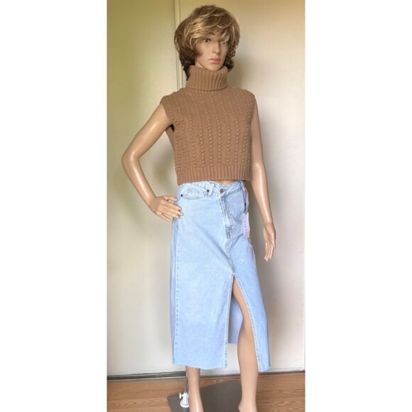 Light Blue Criss Cross Piral Denim Midi Skirt Size Small Front Slit WITH DEFECT - Picture 13 of 13